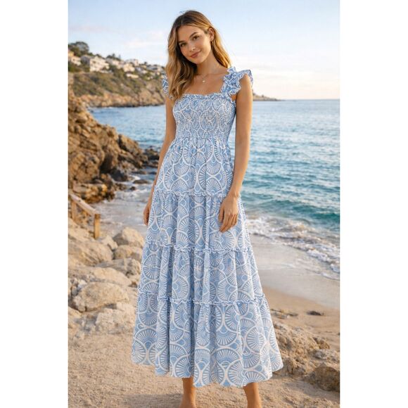 J. Marie Nap Dress Smocked Midi Coastal Shell Print Blue Size XS
